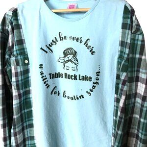 Table Rock Lake Oversized Graphic T-shirt: Boating Theme Flannel Tee Upcycle M-L